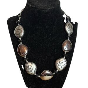 Dark gray metallic beaded statement fashion necklace printed pattern 19-22”